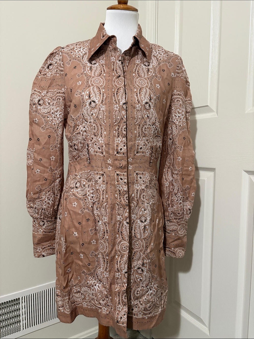 Zimmermann Dusty Brown Paisley Long-Sleeve Shirt Dress-size 3